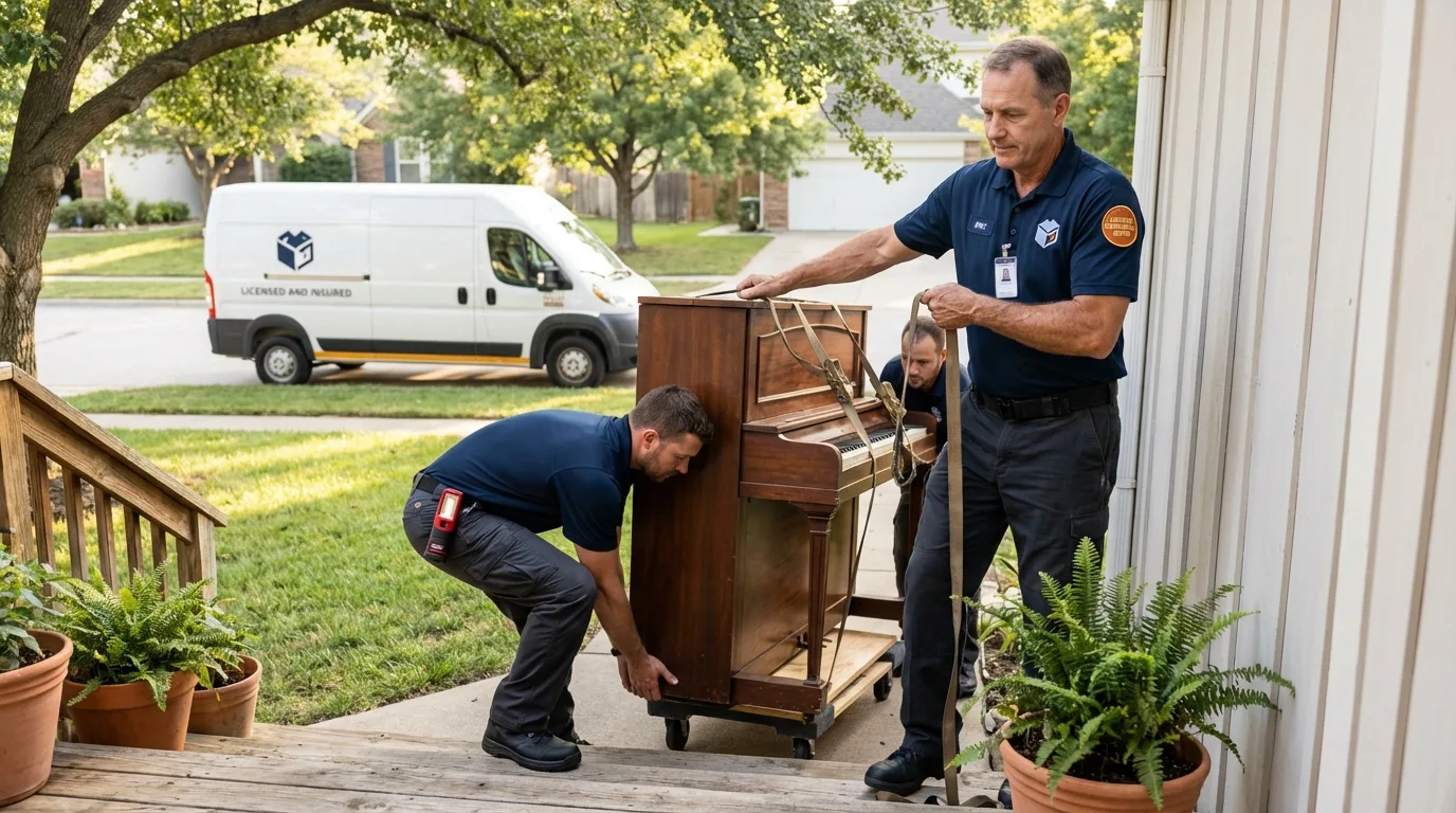 Licensed piano movers securing grand piano in Centerville, IN